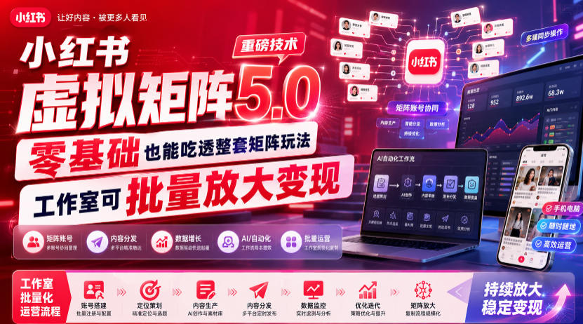 小红书虚拟矩阵5.0重磅技术，零基础也能吃透整套矩阵玩法，工作室可批量放大变现-网创资源站
