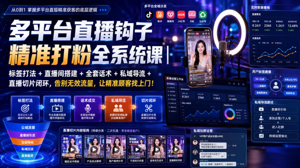 多平台直播钩子精准打粉全系统课｜标签打法+直播间搭建+全套话术+私域导流+直播切片闭环，告别无效流量，让精准顾客找上门！-网创资源站