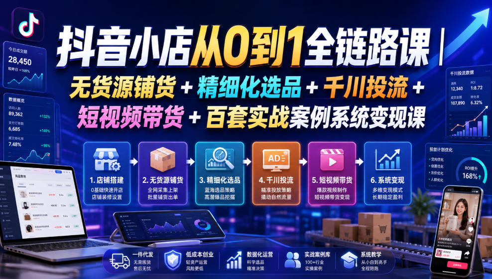 抖音小店从0到1全链路课｜无货源铺货+精细化选品+千川投流+短视频带货+百套实战案例系统变现课(2026年7月更新)-网创资源站