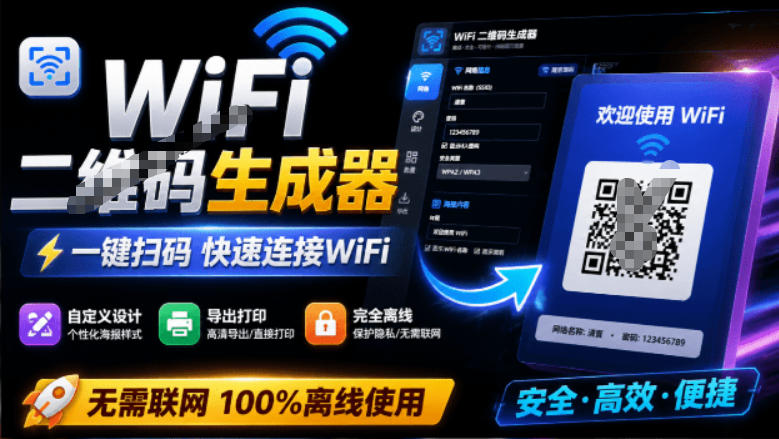 完全离线使用!WiFi二维码生成器,一键扫码快速连接WiFi,支持自定义风格导出WiFi二维码生成器-网创资源站