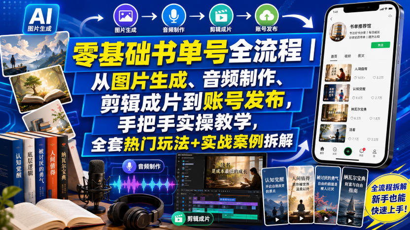 零基础书单号全流程｜从图片生成、音频制作、剪辑成片到账号发布，手把手实操教学，全套热门玩法+实战案例拆解-网创资源站