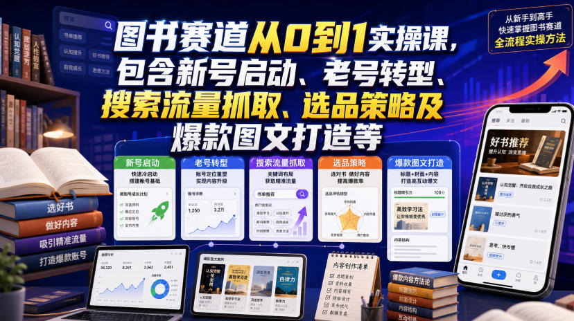 图书赛道从0到1实操课，包含新号启动、老号转型、搜索流量抓取、选品策略及爆款图文打造等-网创资源站