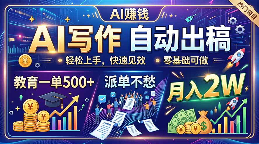 AI写作自动出稿,教育一单500+,派单不愁,月入2W-网创资源站