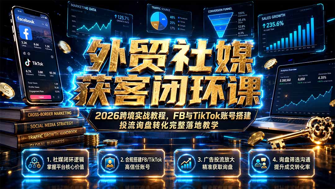 外贸社媒获客闭环课｜2026跨境实战教程，FB与TikTok账号搭建投流询盘转化完整落地教学-网创资源站